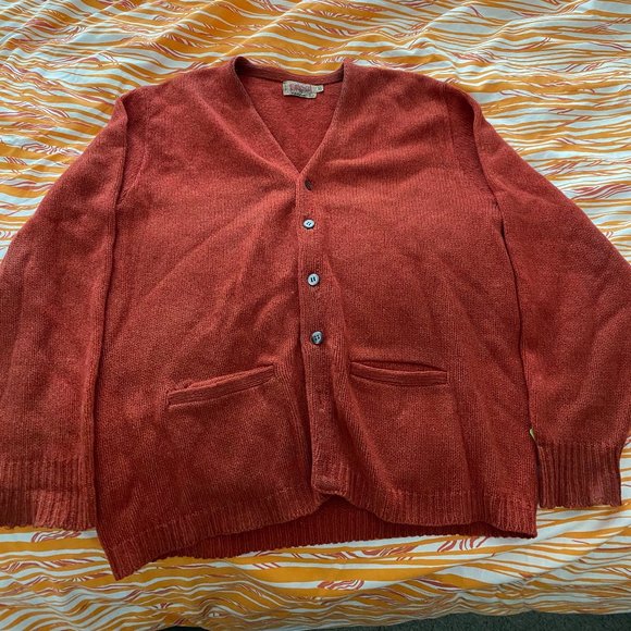Vintage 60s/70s Rob Scot Wool Cardigan sweater - Red-Orange - "Men's" Large - Picture 1 of 4